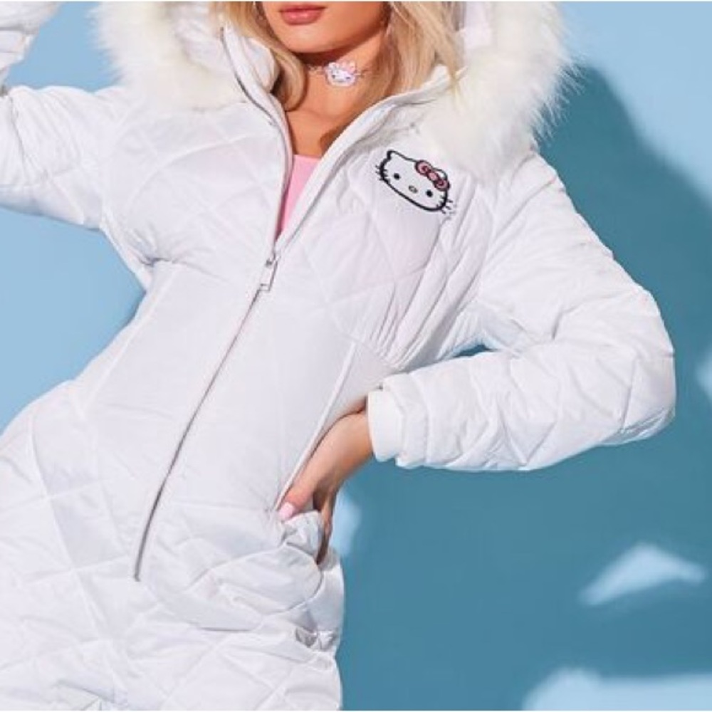 Forever 21 Hello Kitty White Quilted Jumpsuit with Fur Trim